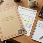Immagine di una scrivania accanto a una cartella per la compravendita di una casa, documenti fiscali, una calcolatrice e un blocco note con calcoli.