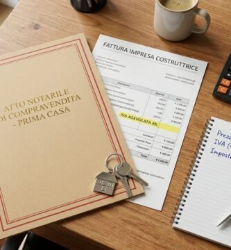 Immagine di una scrivania accanto a una cartella per la compravendita di una casa, documenti fiscali, una calcolatrice e un blocco note con calcoli.