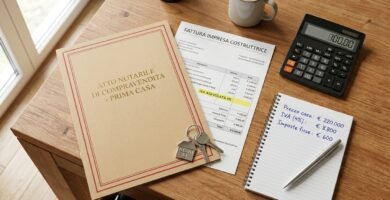 Immagine di una scrivania accanto a una cartella per la compravendita di una casa, documenti fiscali, una calcolatrice e un blocco note con calcoli.