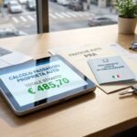 Immagine di un tablet su una scrivania con una calcolatrice per il trasferimento di proprietà, circondato da documenti e una chiave dell'auto.
