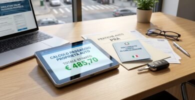 Immagine di un tablet su una scrivania con una calcolatrice per il trasferimento di proprietà, circondato da documenti e una chiave dell'auto.