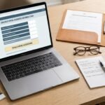 Immagine di una scrivania con un computer portatile e uno strumento di calcolo immobiliare sullo schermo, accanto ad esso alcune foto di grandi case, delle chiavi, degli occhiali, una cartella con documenti e un blocco note.
