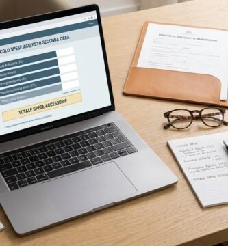 Immagine di una scrivania con un computer portatile e uno strumento di calcolo immobiliare sullo schermo, accanto ad esso alcune foto di grandi case, delle chiavi, degli occhiali, una cartella con documenti e un blocco note.