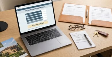 Immagine di una scrivania con un computer portatile e uno strumento di calcolo immobiliare sullo schermo, accanto ad esso alcune foto di grandi case, delle chiavi, degli occhiali, una cartella con documenti e un blocco note.