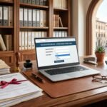 Immagine dell'interno di uno studio notarile con una scrivania su cui si vede un computer portatile con una calcolatrice sullo schermo; intorno alla scrivania ci sono file di documenti, alcuni occhiali e una calcolatrice fisica.