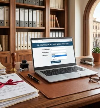 Immagine dell'interno di uno studio notarile con una scrivania su cui si vede un computer portatile con una calcolatrice sullo schermo; intorno alla scrivania ci sono file di documenti, alcuni occhiali e una calcolatrice fisica.