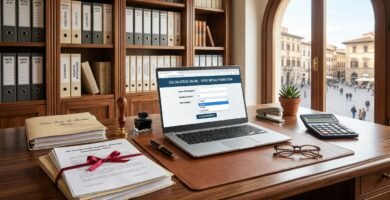 Immagine dell'interno di uno studio notarile con una scrivania su cui si vede un computer portatile con una calcolatrice sullo schermo; intorno alla scrivania ci sono file di documenti, alcuni occhiali e una calcolatrice fisica.